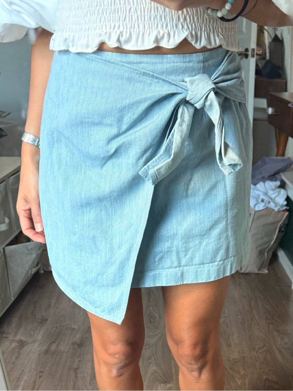 Sugarlips Light Blue Tie-Waist Denim-Look Mini Skirt